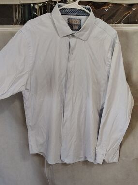 TRULY White Dress Shirt with Navy and Light Blue Floral Trim